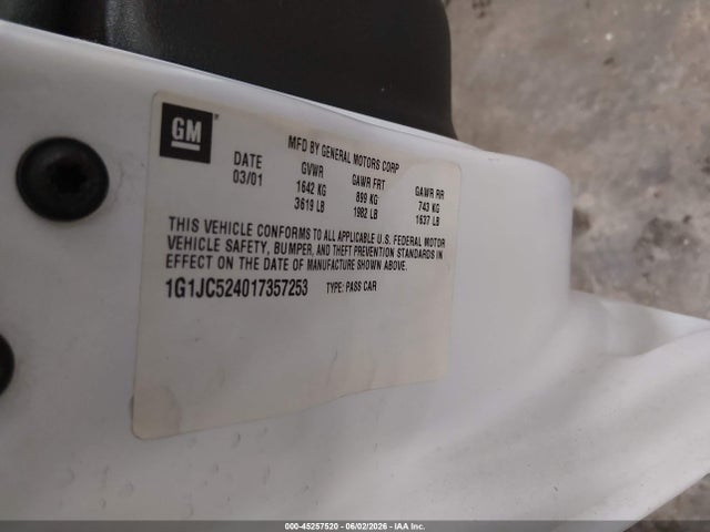 45257520 :رقم المزاد ، 1G1JC524017357253 vin ، 2001 Chevrolet Cavalier مزاد بيع