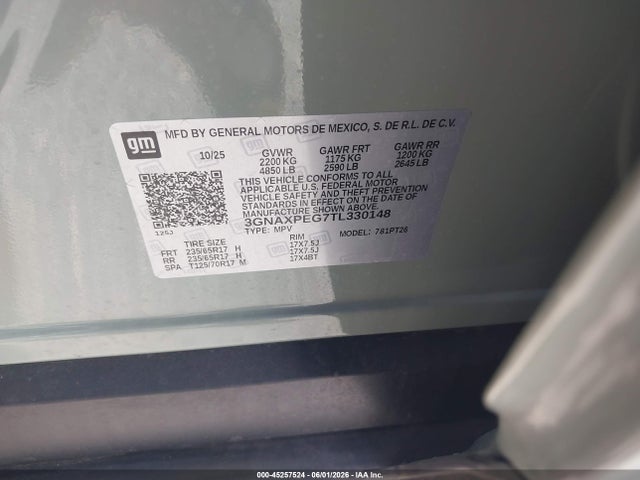 Aukcja sprzedaży 2026 Chevrolet Equinox Awd Lt, vin: 3GNAXPEG7TL330148, numer aukcji: 45257524