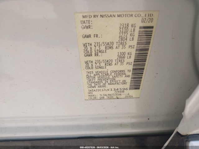 5N1AZ2CJ7LN134596 Nissan Murano Sl Fwd