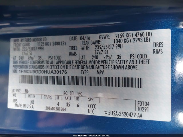 1FMCU9GD0HUA30176 Ford ESCAPE SE