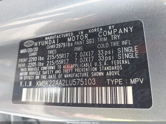 Продажа на аукционе авто 2020 Hyundai Kona Sel, vin: KM8K22AA2LU575103, номер лота: 45257539