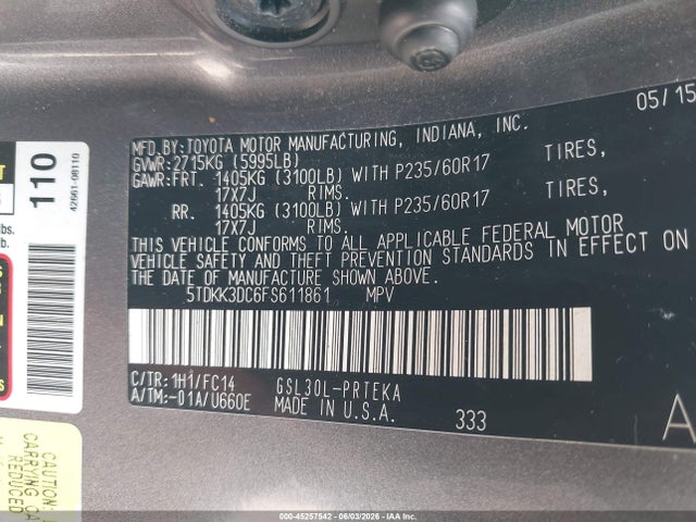 2015 Toyota Sienna Le 8 Passenger მანქანა იყიდება აუქციონზე, vin: 5TDKK3DC6FS611861, აუქციონის ნომერი: 45257542