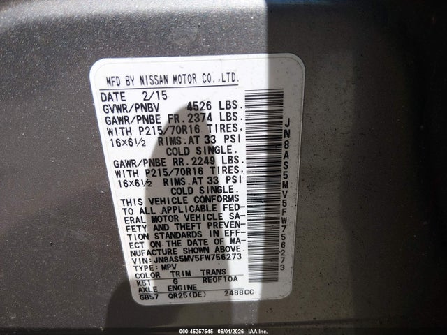 45257545 :رقم المزاد ، JN8AS5MV5FW756273 vin ، 2015 Nissan Rogue Select S مزاد بيع