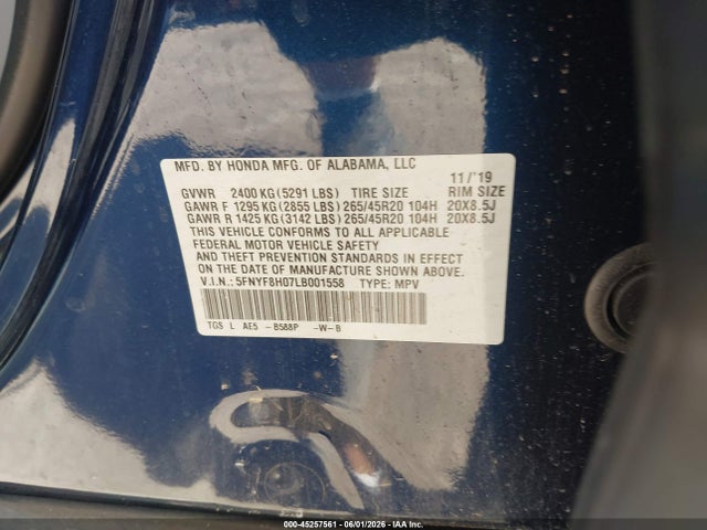 45257561 :رقم المزاد ، 5FNYF8H07LB001558 vin ، 2020 Honda Passport Awd Elite مزاد بيع