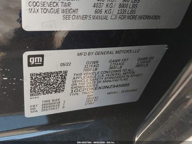 Продаж на аукціоні авто 2022 Chevrolet Silverado 1500 4wd  Short Bed Lt With 2fl, vin: 1GCPDKEK0NZ545885, номер лоту: 45257564
