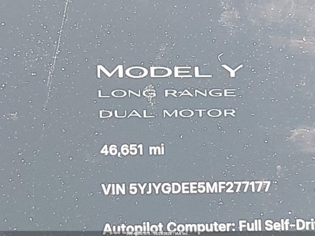 2021 Tesla Model Y Long Range Dual Motor All-wheel Drive მანქანა იყიდება აუქციონზე, vin: 5YJYGDEE5MF277177, აუქციონის ნომერი: 45257575