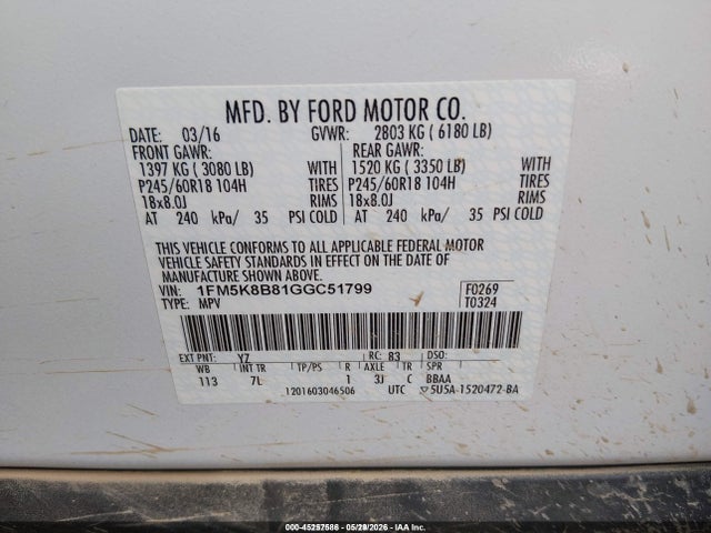Aukcja sprzedaży 2016 Ford Explorer, vin: 1FM5K8B81GGC51799, numer aukcji: 45257586