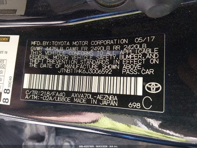 Продажа на аукционе авто 2018 Toyota Camry Le, vin: JTNB11HK6J3006592, номер лота: 45257600