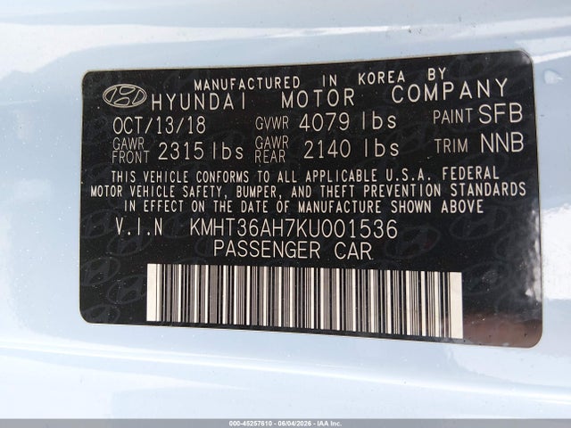 Продажа на аукционе авто 2019 Hyundai Veloster N, vin: KMHT36AH7KU001536, номер лота: 45257610
