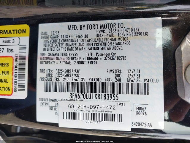 Ford Fusion Hybrid Se 2019 3FA6P0LU1KR183955 Image 9
