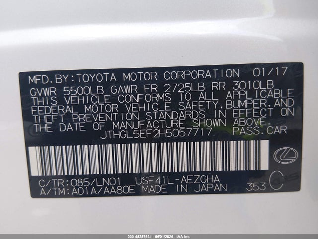 2017 Lexus Ls 460 L მანქანა იყიდება აუქციონზე, vin: JTHGL5EF2H5057717, აუქციონის ნომერი: 45257631