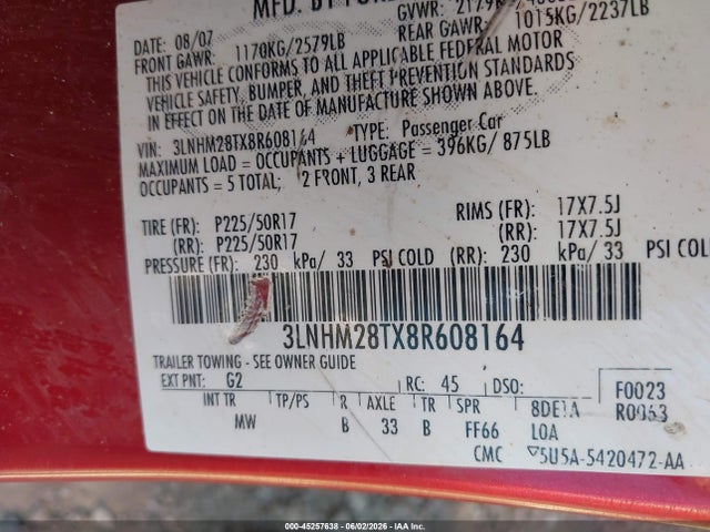 Aukcja sprzedaży 2008 Lincoln Mkz, vin: 3LNHM28TX8R608164, numer aukcji: 45257638