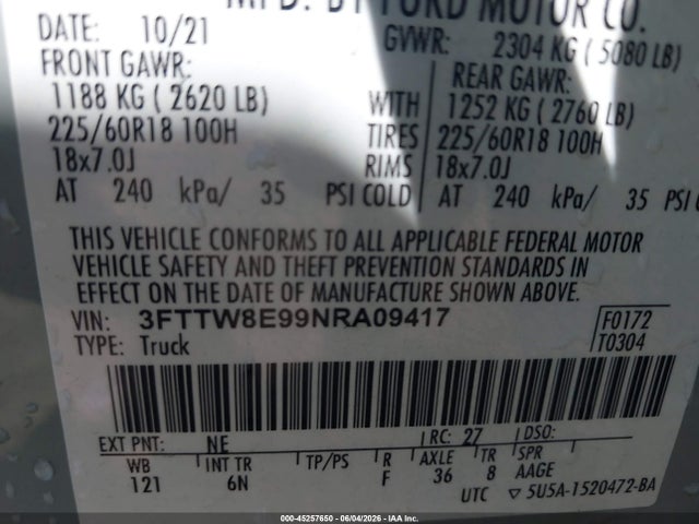 45257650 :رقم المزاد ، 3FTTW8E99NRA09417 vin ، 2022 Ford Maverick Lariat مزاد بيع