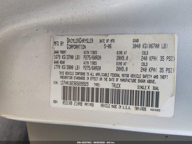 Aukcja sprzedaży 2006 Dodge Ram 1500 Slt, vin: 1D7HA18236S699929, numer aukcji: 45257653