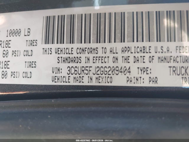 45257662 :رقم المزاد ، 3C6UR5FJ2GG209404 vin ، 2016 Ram 2500 Laramie مزاد بيع