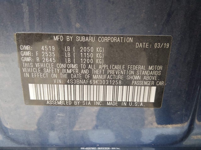 Aukcja sprzedaży 2019 Subaru Legacy 2.5i Premium, vin: 4S3BNAF69K3031258, numer aukcji: 45257682