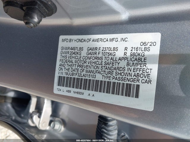 2020 Acura Tlx Standard მანქანა იყიდება აუქციონზე, vin: 19UUB1F32LA015103, აუქციონის ნომერი: 45257684