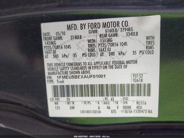 Aukcja sprzedaży 2010 Ford Explorer Sport Trac Xlt, vin: 1FMEU5BEXAUF01001, numer aukcji: 45257693