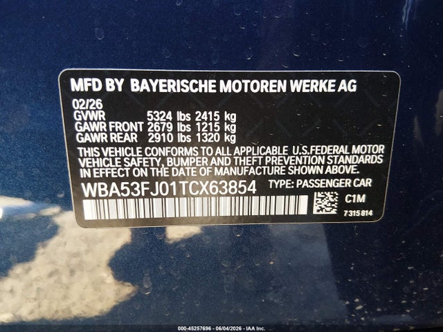 Aukcja sprzedaży 2026 Bmw 530i Xdrive, vin: WBA53FJ01TCX63854, numer aukcji: 45257696