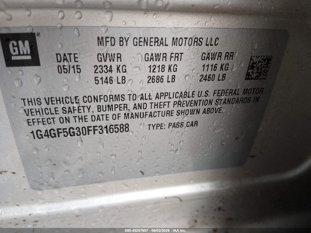 2015 Buick Lacrosse Premium Ii მანქანა იყიდება აუქციონზე, vin: 1G4GF5G30FF316588, აუქციონის ნომერი: 45257697