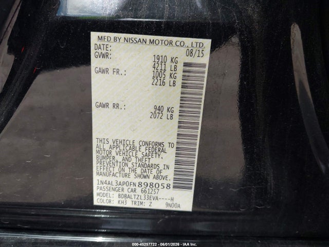 Aukcja sprzedaży 2015 Nissan Altima 2.5 Sl, vin: 1N4AL3AP0FN898058, numer aukcji: 45257722
