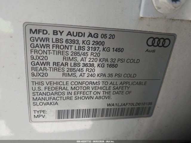 2020 Audi Q7 Premium Plus 45 Tfsi Quattro Tiptronic მანქანა იყიდება აუქციონზე, vin: WA1LJAF70LD010135, აუქციონის ნომერი: 45257732