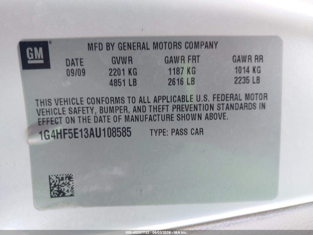 2010 Buick Lucerne Cxl-4 მანქანა იყიდება აუქციონზე, vin: 1G4HF5E13AU108585, აუქციონის ნომერი: 45257733