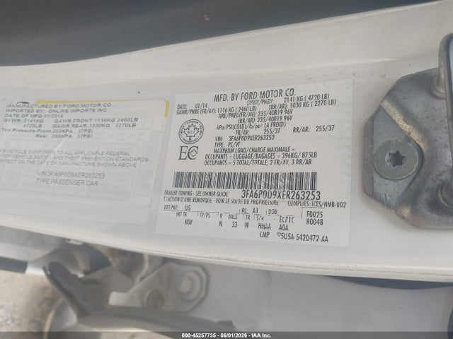 45257735 :رقم المزاد ، 3FA6P0D9XER263253 vin ، 2014 Ford Fusion Titanium مزاد بيع