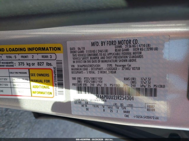 Aukcja sprzedaży 2018 Ford Fusion Hybrid S, vin: 3FA6P0UU2JR254304, numer aukcji: 45257764