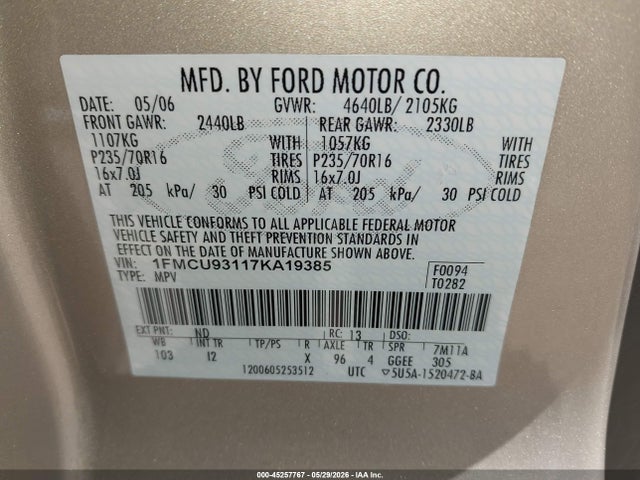 45257767 :رقم المزاد ، 1FMCU93117KA19385 vin ، 2007 Ford Escape Xlt/xlt Sport مزاد بيع