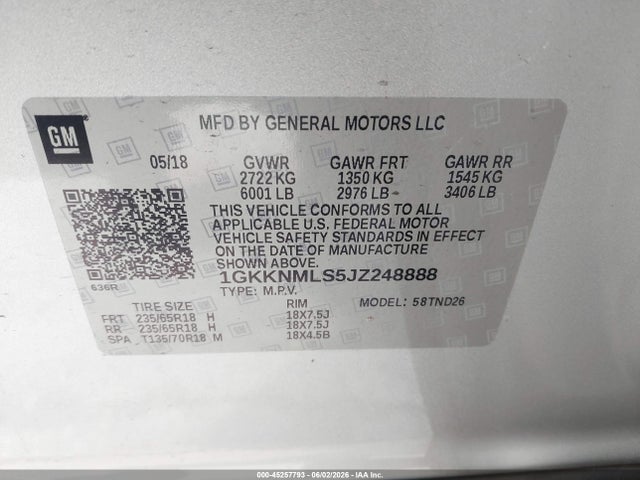 Aukcja sprzedaży 2018 Gmc Acadia Slt-1, vin: 1GKKNMLS5JZ248888, numer aukcji: 45257793