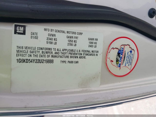 45257795 :رقم المزاد ، 1G6KD54Y22U219888 vin ، 2002 Cadillac Deville Standard مزاد بيع