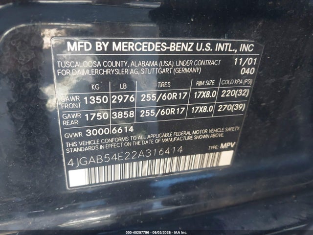 45257796 :رقم المزاد ، 4JGAB54E22A316414 vin ، 2002 Mercedes-benz Ml 320 مزاد بيع