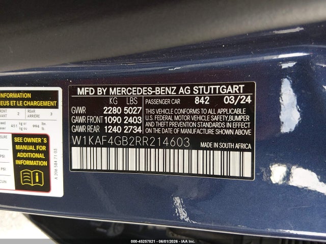 Auction sale of the 2024 Mercedes-benz C 300, vin: W1KAF4GB2RR214603, lot number: 45257821