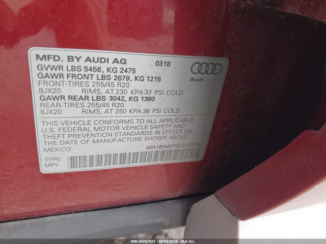 Aukcja sprzedaży 2018 Audi Q5 2.0t Premium/2.0t Tech Premium, vin: WA1BNAFY8J2152394, numer aukcji: 45257822