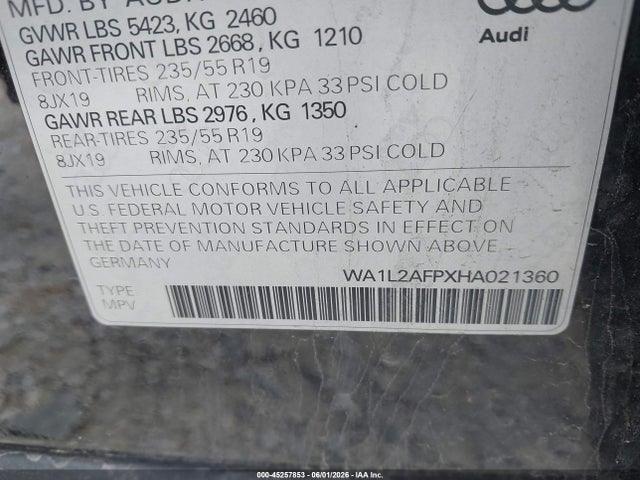 Aukcja sprzedaży 2017 Audi Q5 2.0t Premium, vin: WA1L2AFPXHA021360, numer aukcji: 45257853