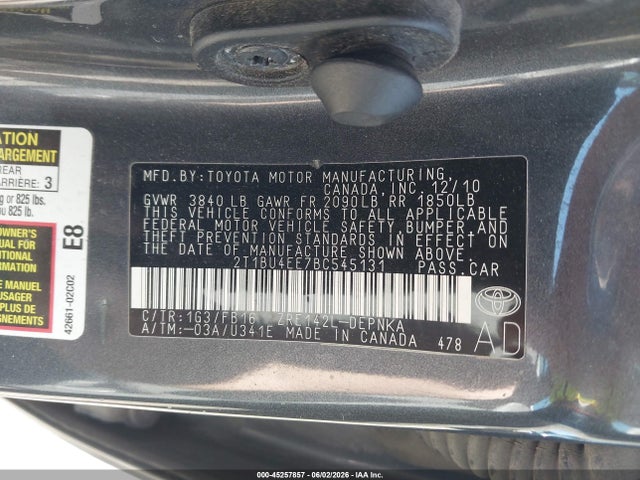 Aukcja sprzedaży 2011 Toyota Corolla Le, vin: 2T1BU4EE7BC545131, numer aukcji: 45257857