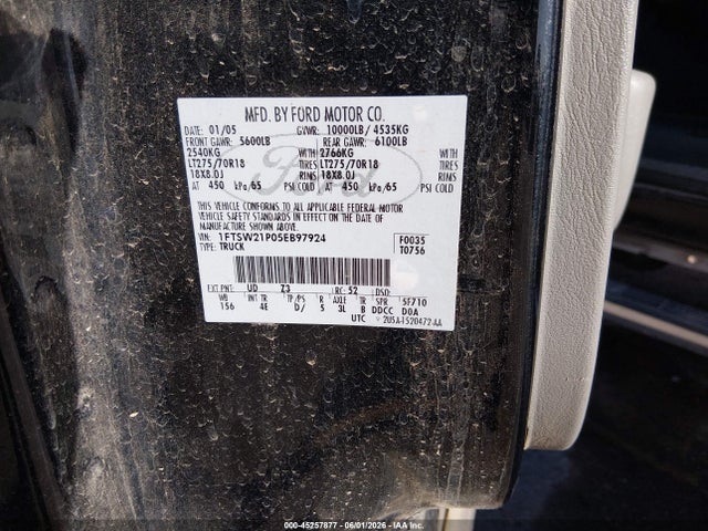 Продаж на аукціоні авто 2005 Ford F-250 Lariat/xl/xlt, vin: 1FTSW21P05EB97924, номер лоту: 45257877