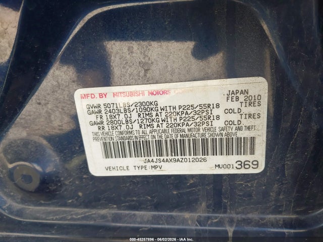 Aukcja sprzedaży 2010 Mitsubishi Outlander Xls, vin: JA4JS4AX9AZ012026, numer aukcji: 45257896