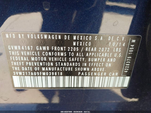 45257899 :رقم المزاد ، 3VW217AU9FM039818 vin ، 2015 Volkswagen Golf Tsi S 4-door مزاد بيع