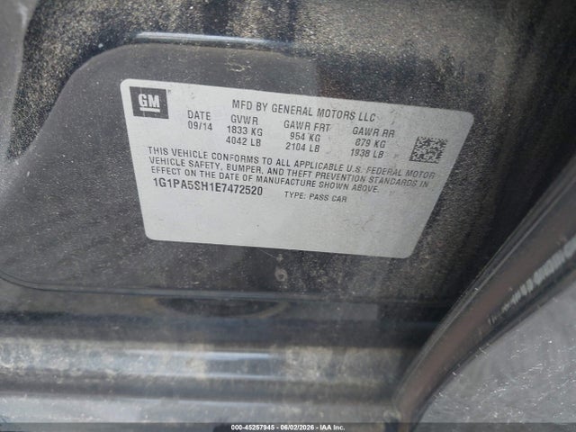 Aukcja sprzedaży 2014 Chevrolet Cruze Ls Auto, vin: 1G1PA5SH1E7472520, numer aukcji: 45257945