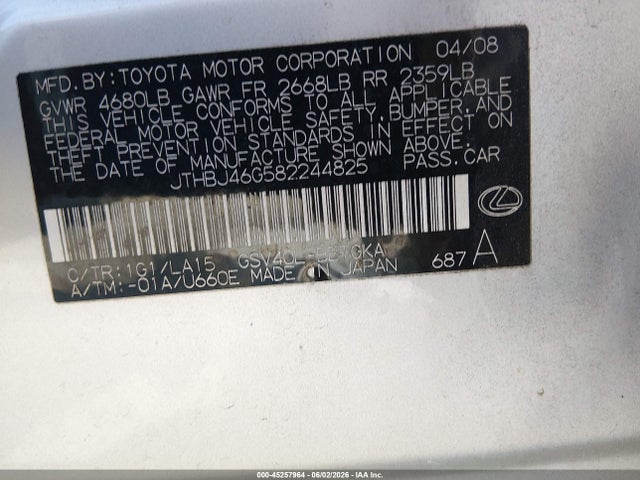 Продаж на аукціоні авто 2008 Lexus Es 350, vin: JTHBJ46G582244825, номер лоту: 45257964