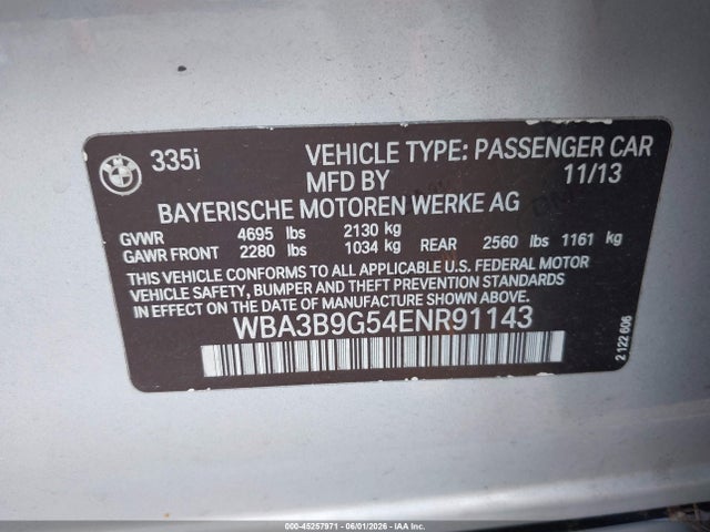 Aukcja sprzedaży 2014 Bmw 335i Xdrive, vin: WBA3B9G54ENR91143, numer aukcji: 45257971