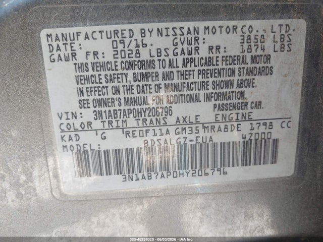2017 Nissan Sentra Sl მანქანა იყიდება აუქციონზე, vin: 3N1AB7AP0HY206796, აუქციონის ნომერი: 45258020