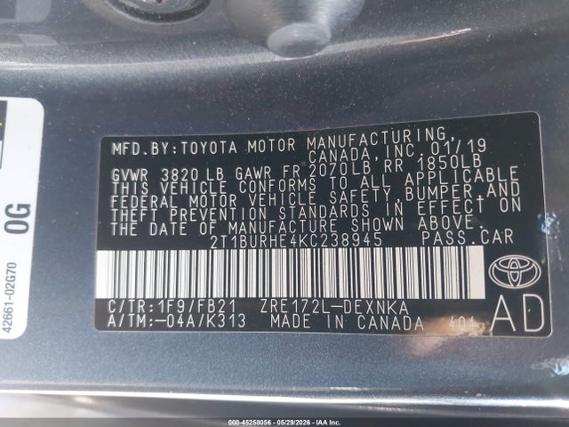 Aukcja sprzedaży 2019 Toyota Corolla Le, vin: 2T1BURHE4KC238945, numer aukcji: 45258056