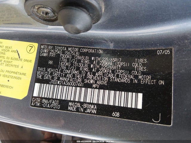 Продаж на аукціоні авто 2006 Toyota Highlander Hybrid V6, vin: JTEEW21A360007441, номер лоту: 45258059