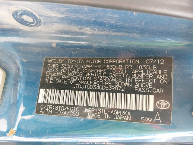 45258076 :رقم المزاد ، JTDJTUD34CD539872 vin ، 2012 Toyota Yaris L مزاد بيع