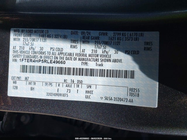 45258082 :رقم المزاد ، 1FTER4HP5RLE49660 vin ، 2024 Ford Ranger Xlt مزاد بيع