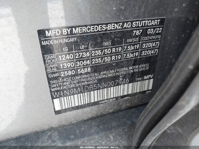 Продажа на аукционе авто 2022 Mercedes-benz Eqb 350 Suv 4matic, vin: W1N9M1DB5NN007946, номер лота: 45258083