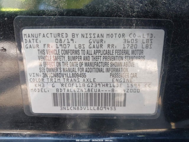 Продажа на аукционе авто 2020 Nissan Versa S Xtronic Cvt, vin: 3N1CN8DV1LL809455, номер лота: 45258087